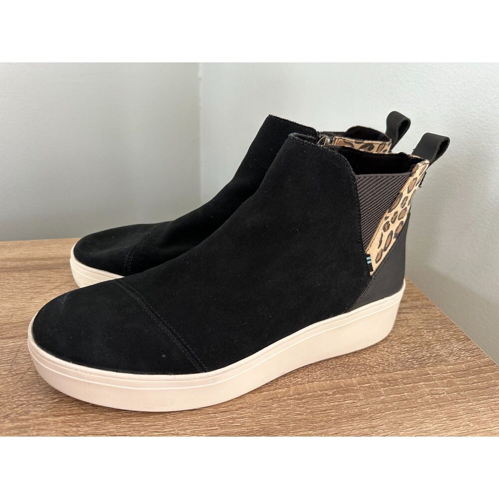 Toms Black Suede Ankle Booties with Leopard Accent